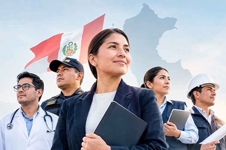 Profesionales de la salud, la policía, la construcción y la gestión pública frente a la bandera del Perú