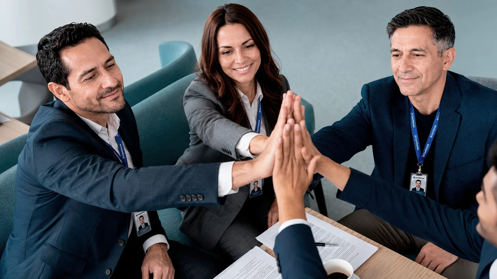Equipo de Confianza chocando las manos en la oficina