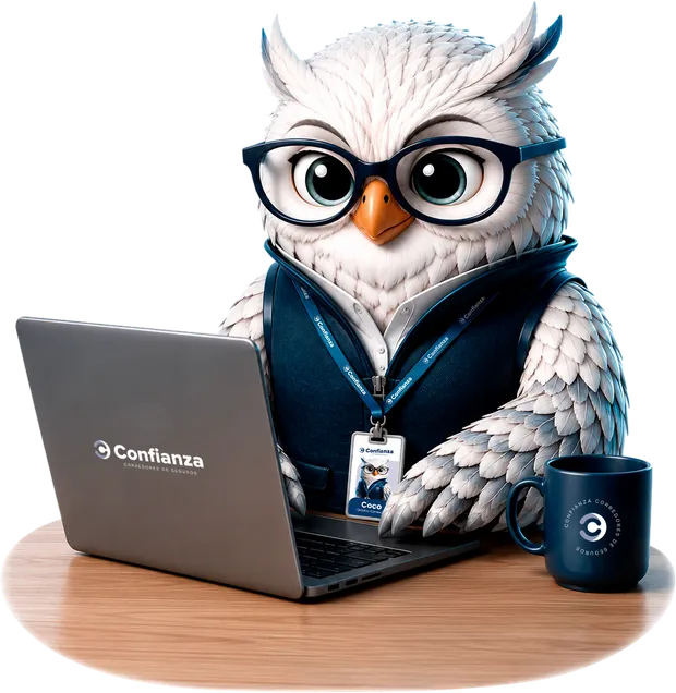 COCO, el asistente de Confianza, ilustrado como un búho con lentes frente a una laptop