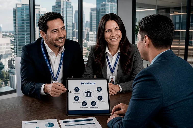 Asesores de Confianza presentando una propuesta en una tablet a un cliente