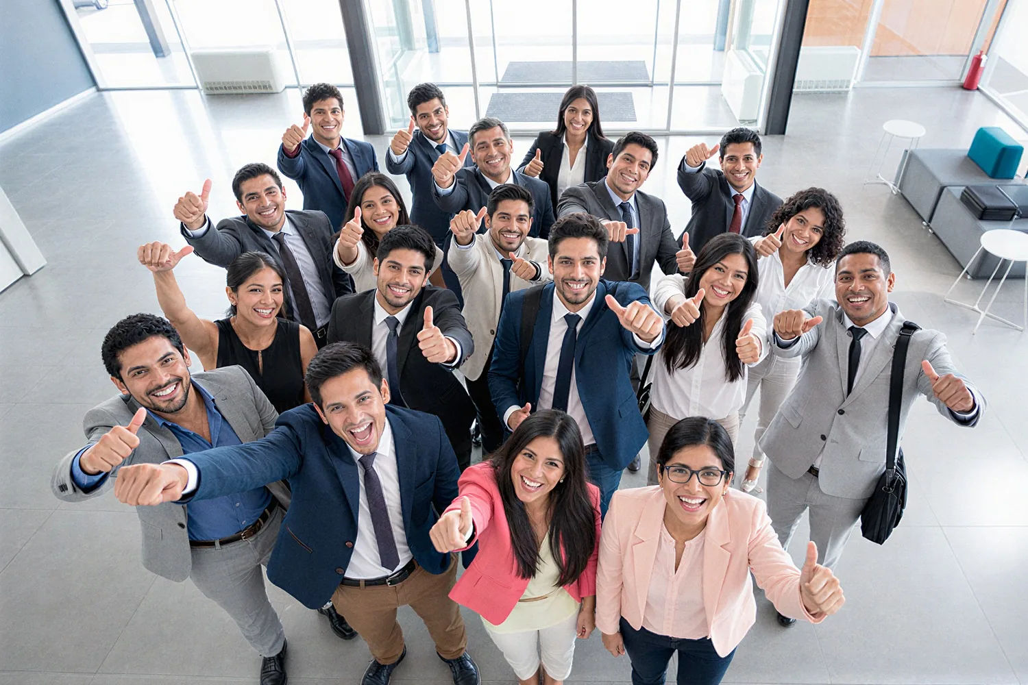 Equipo de trabajo celebrando con los pulgares arriba