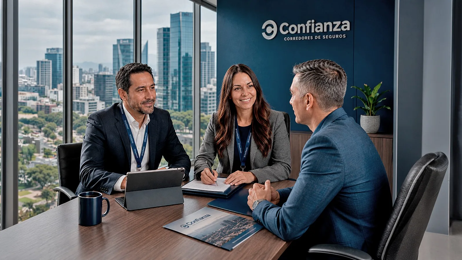 Equipo de Confianza reunido en su oficina, con el logo en la pared