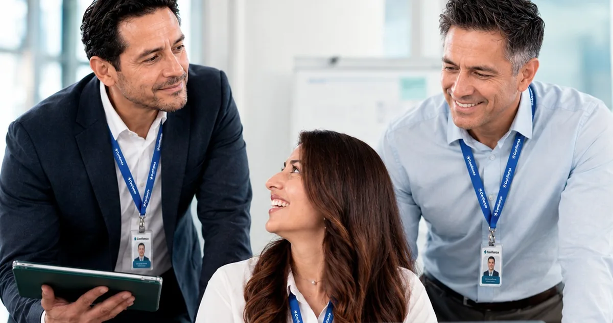 Dos colegas de Confianza conversando con una compañera en la oficina